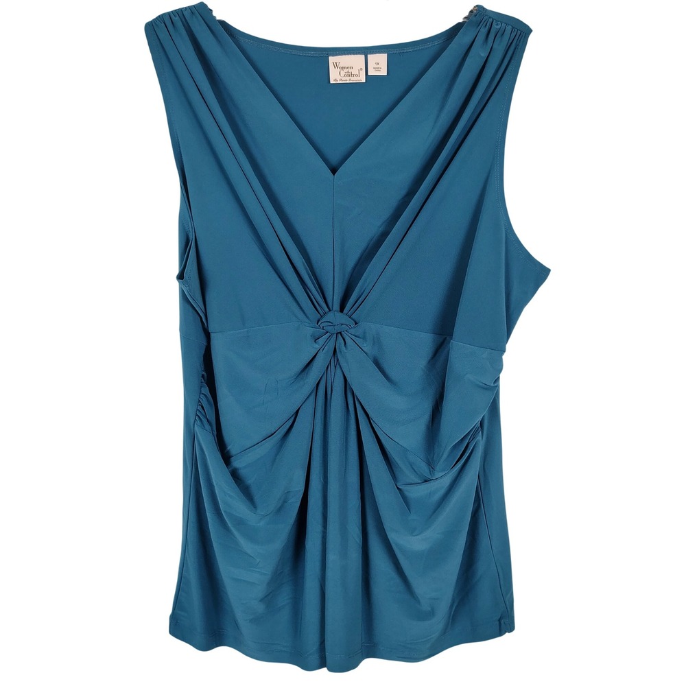 Women With Control Womens 1X Knot Front Draped Tank Top Teal Blue Officecore